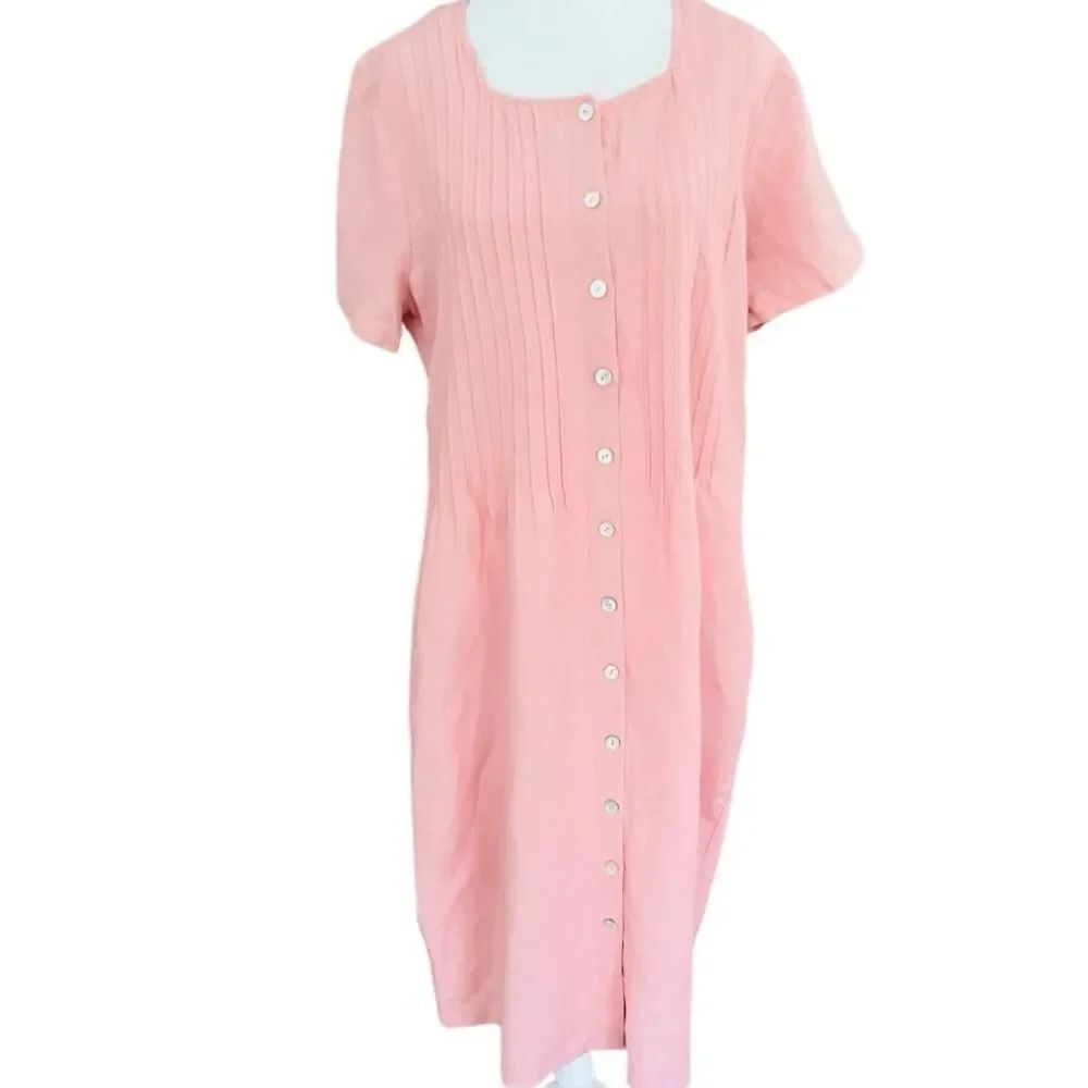 ORVIS Pink Oyster Shell Button Square Neckline Pleated Bodice Linen Dress Sz PL
